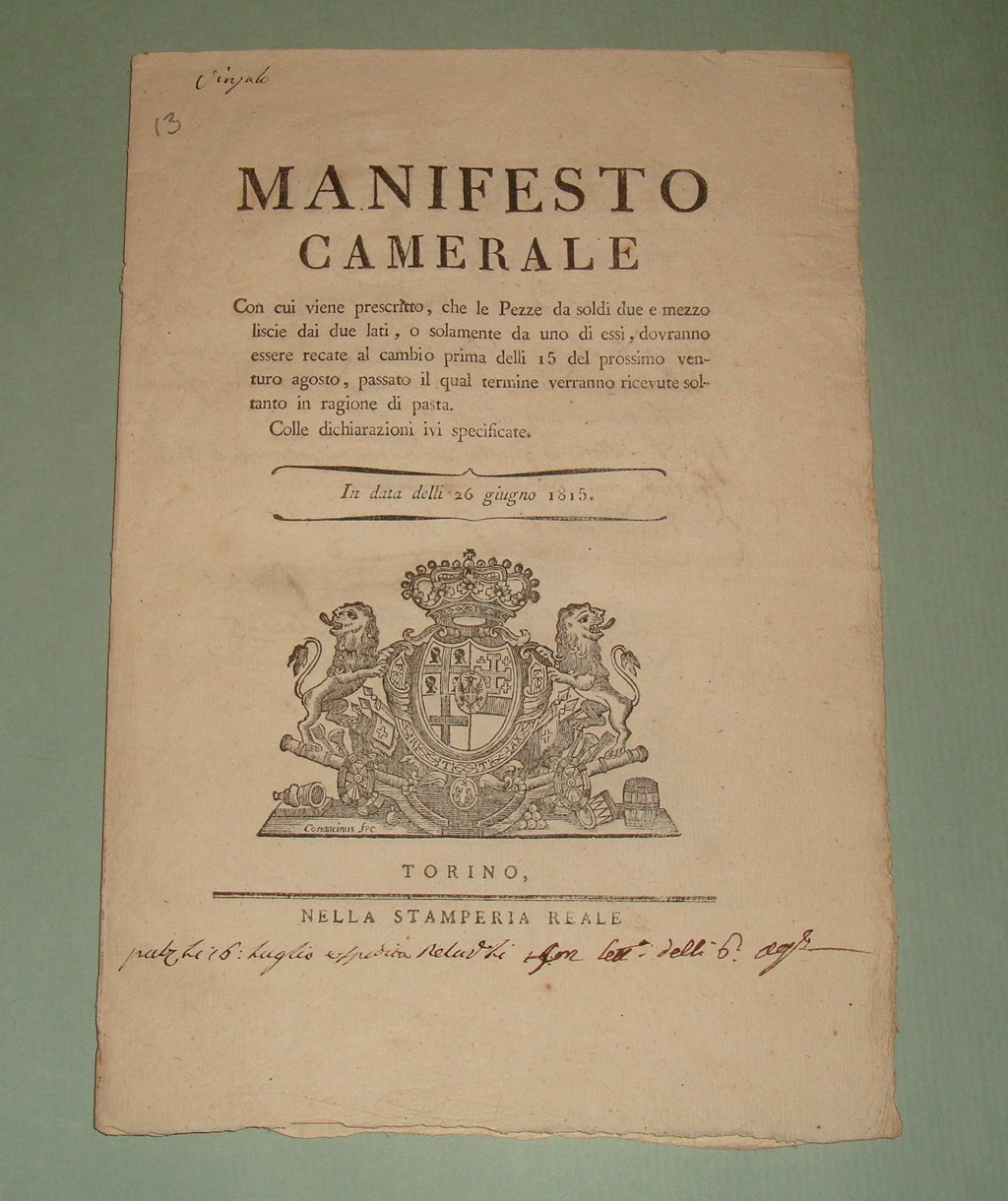 Manifesto Camerale con cui viene prescritto che le Pezze da …