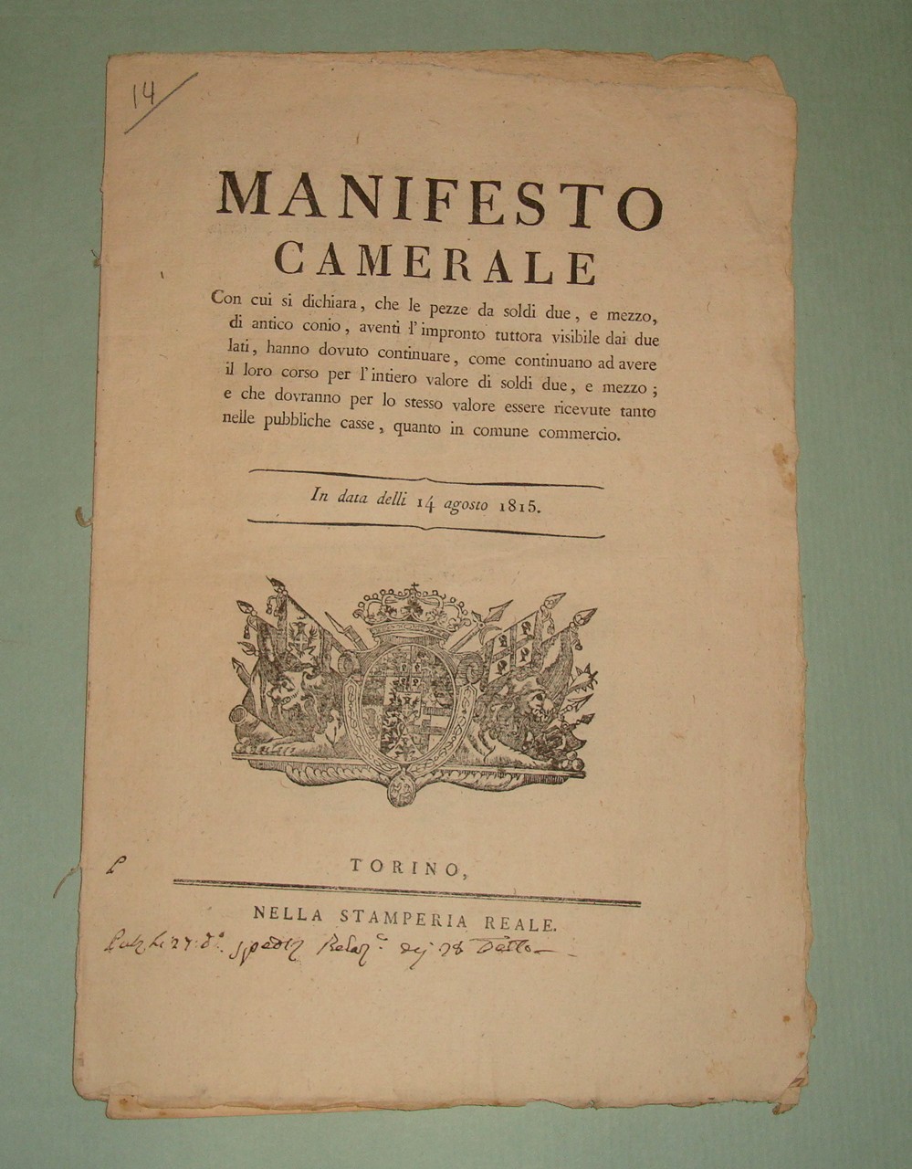 Manifesto Camerale con cui si dichiara che le pezze da …