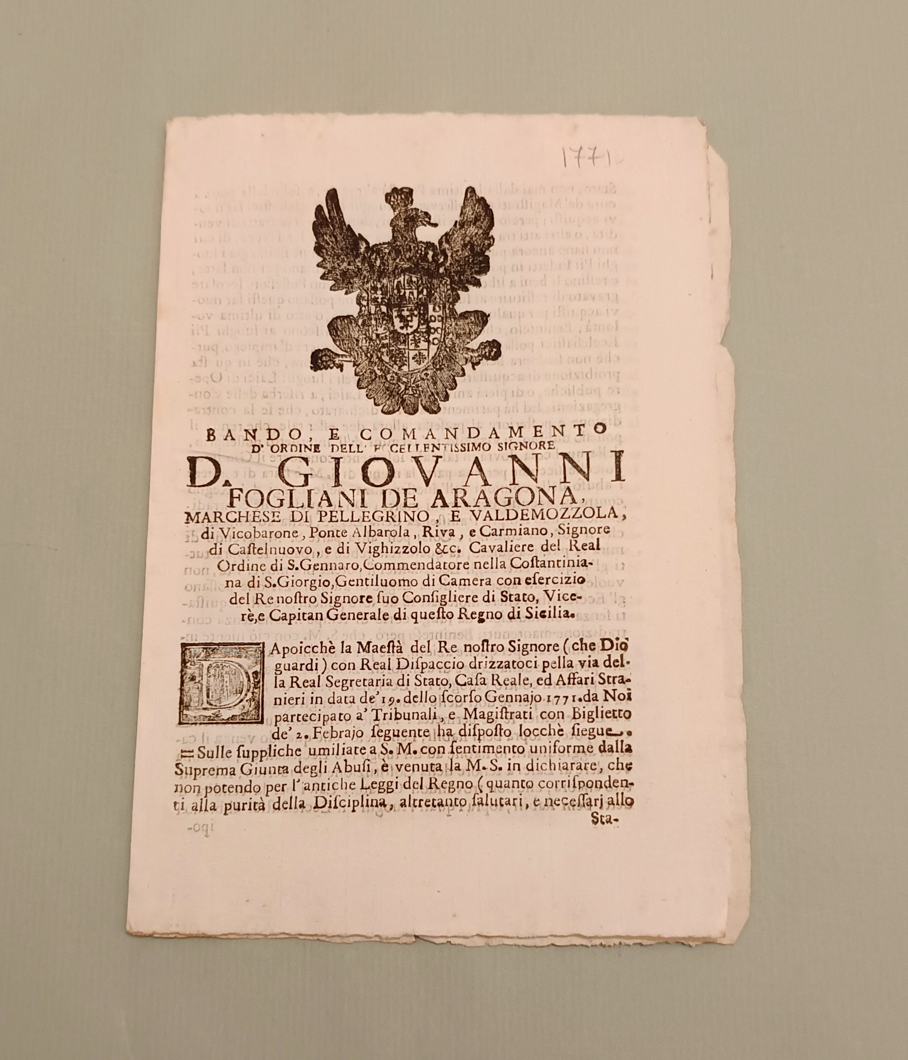Bando e Comandamento d’ordine di D.Giovanni Fogliani de Aragona Vicerè …