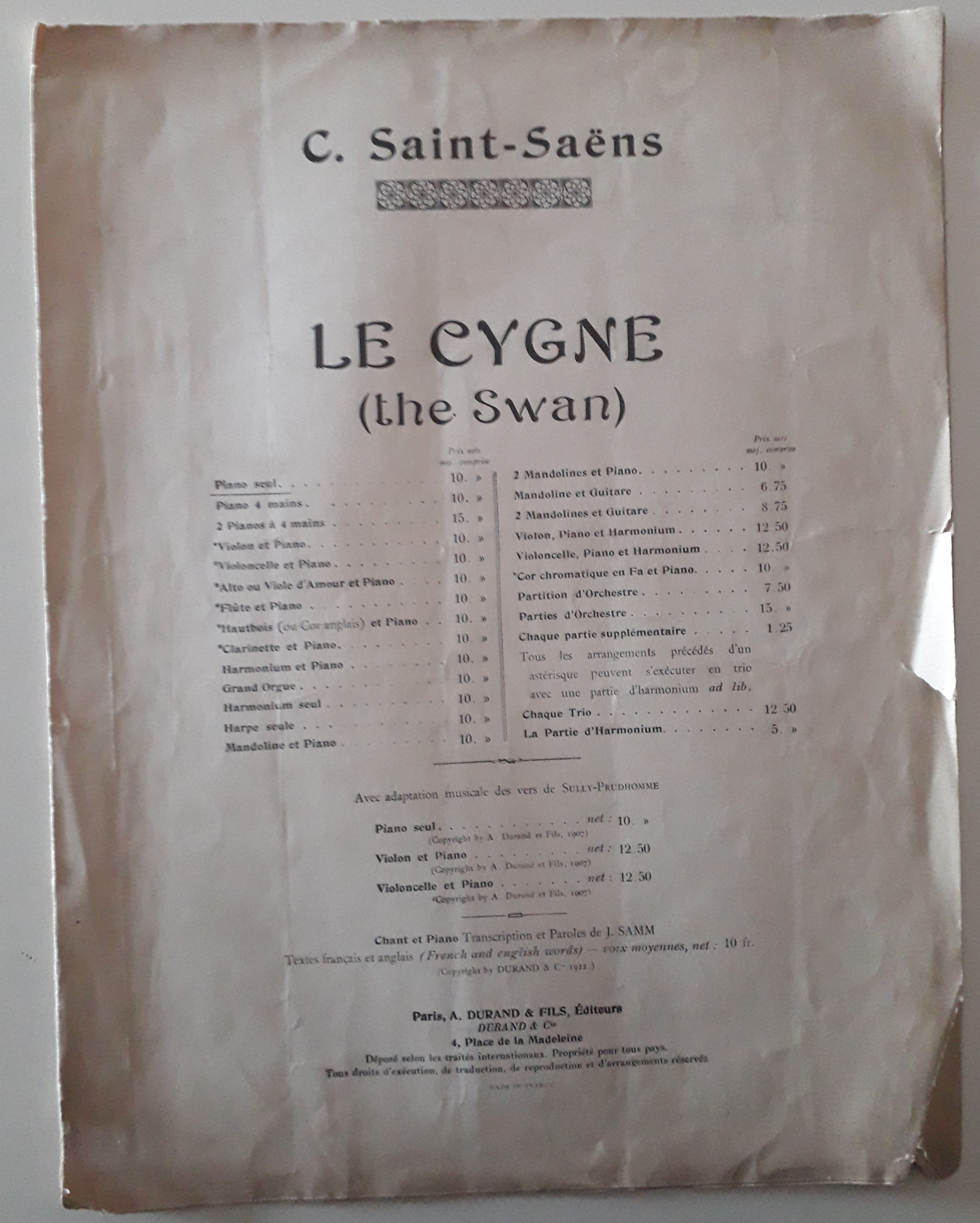 Le Cygne (the Swan) spartito per violoncello e piano