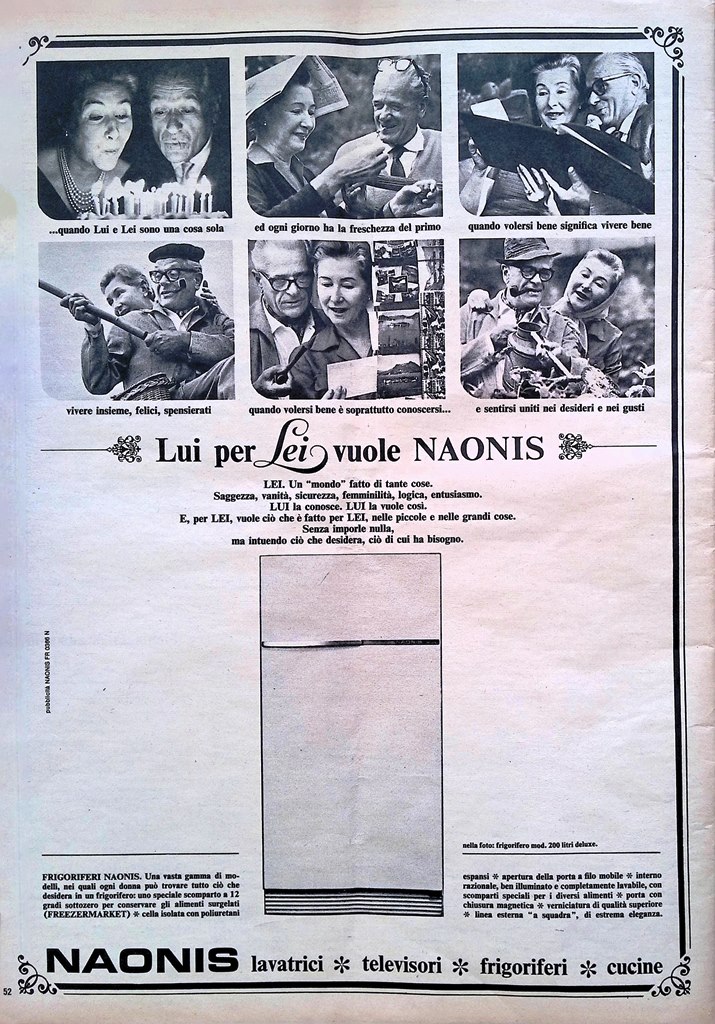 Pubblicità del 1966 Naonis Lavatrici Televisori Frigoriferi Cucine