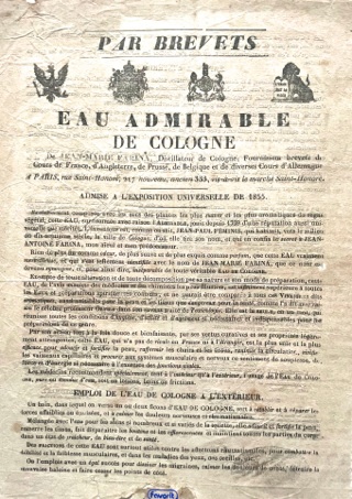 EAU ADMIRABLE de COLOGNE J. M. Farina. Foglio pubblicitario dell’Acqua …