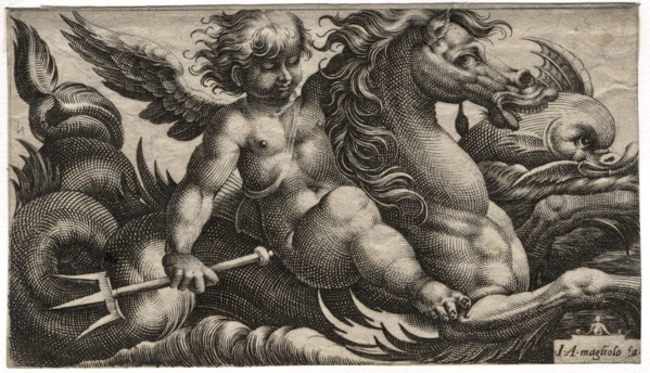 Putto con cavallo marino e delfino