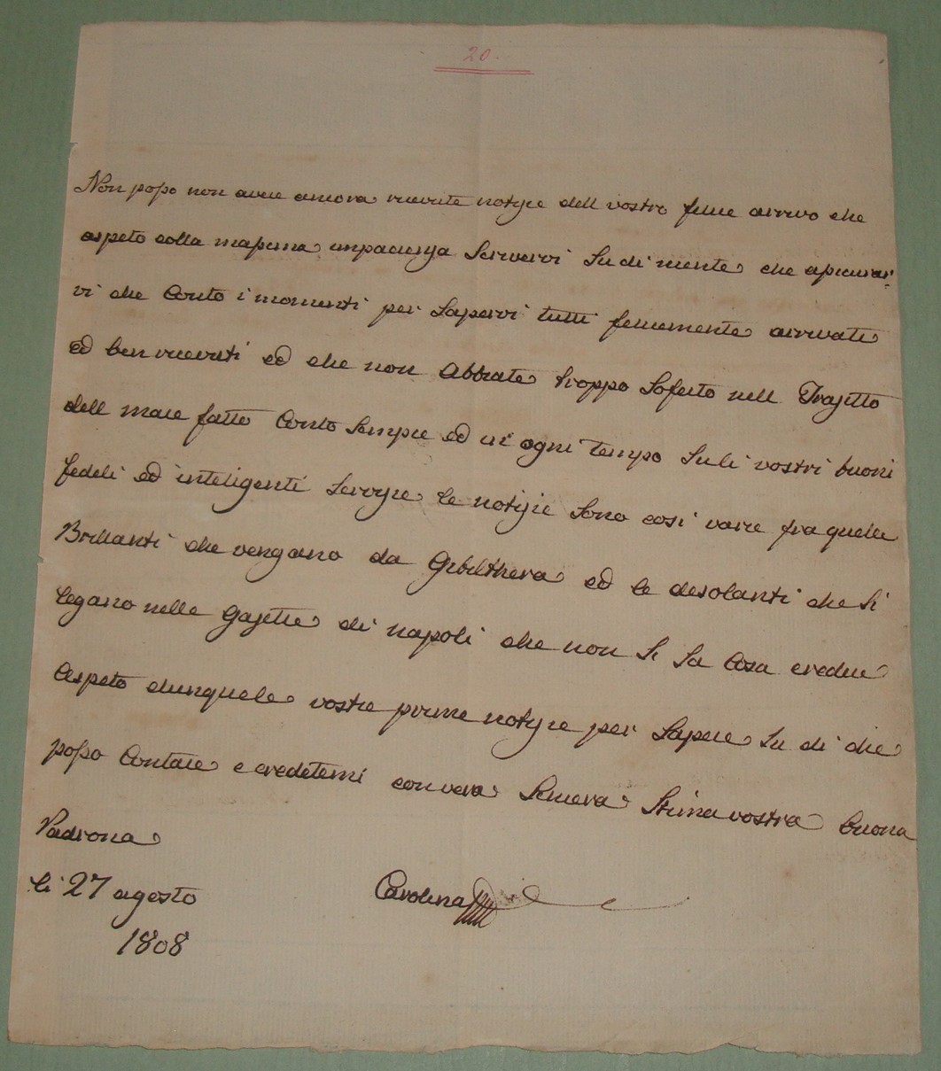 Lettera autografa firmata datata 27 Agosto 1808