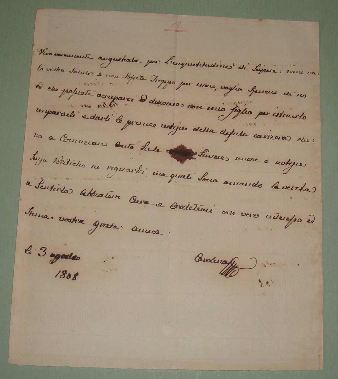 Lettera autografa firmata datata 3 Agosto 1808