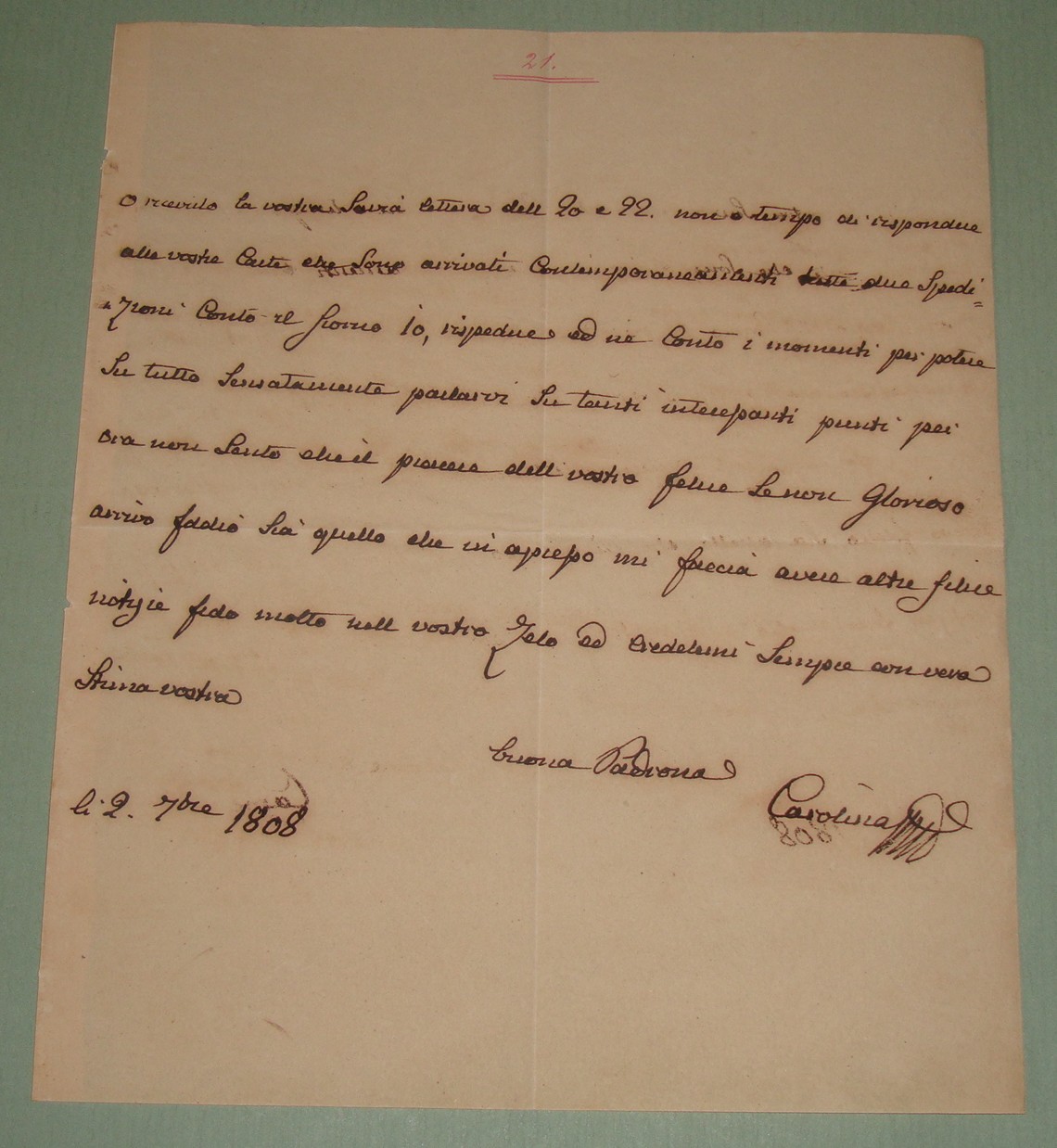 Lettera autografa firmata datata 2 Ottobre 1808