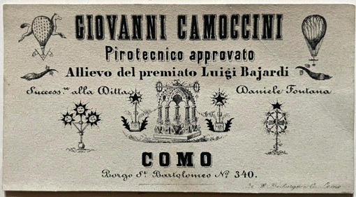 Prezioso biglietto da visita dell’Ottocento del Pirotecnico Giovanni Camoccini. Pirotecnico …