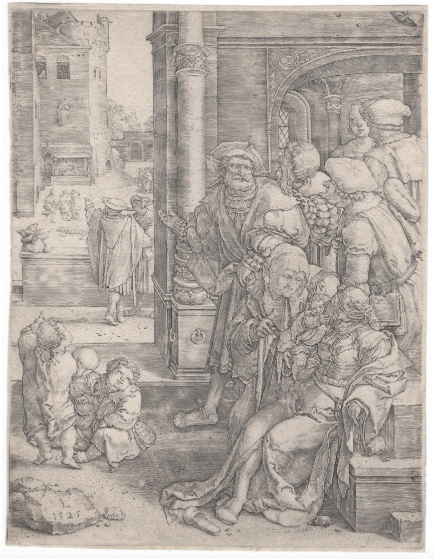Il poeta Virgilio sospeso in una cesta, 1525.
