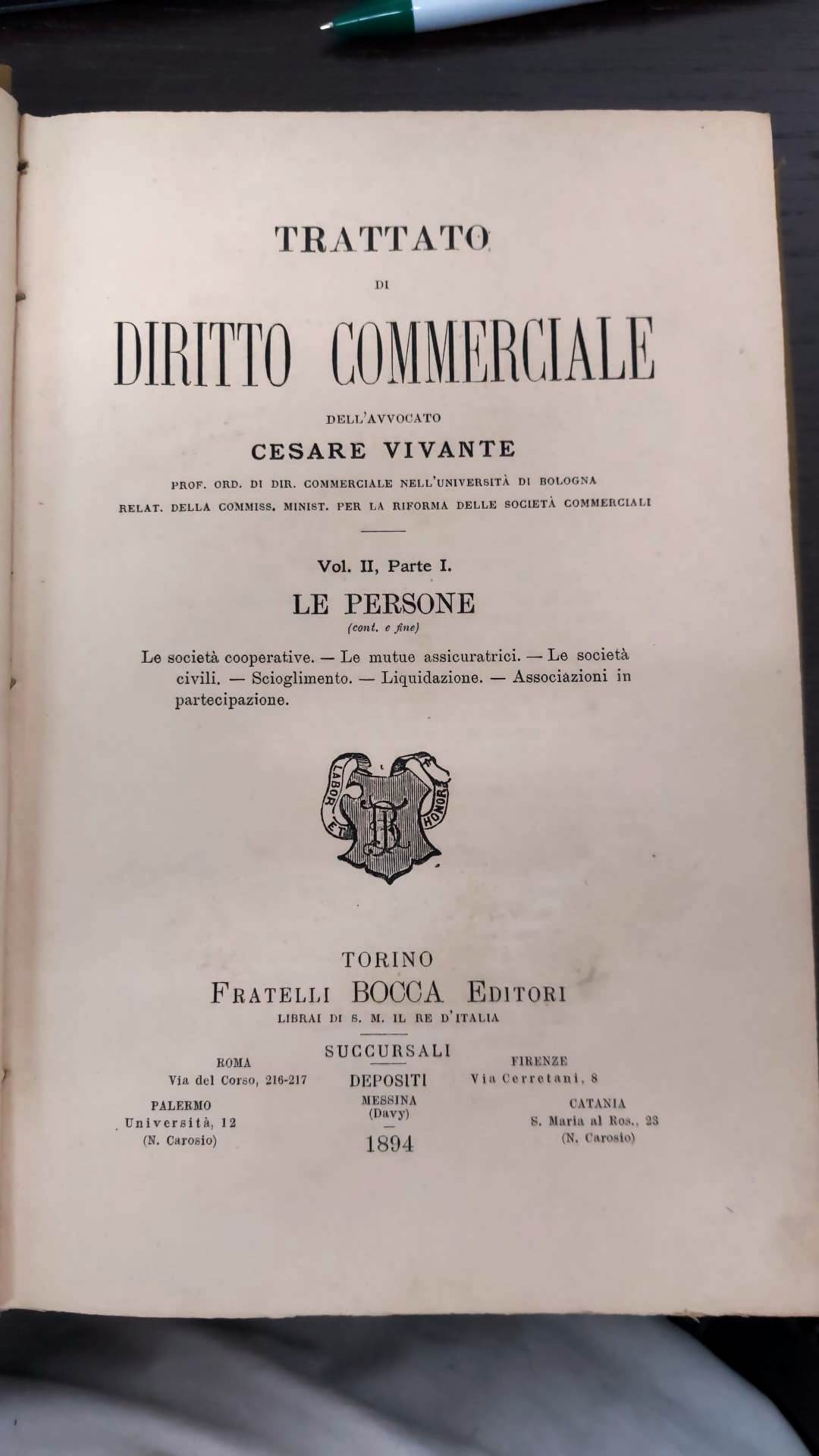 Trattato di diritto Commerciale dell'Avv. cesare Vivante Vol. 2 parte …