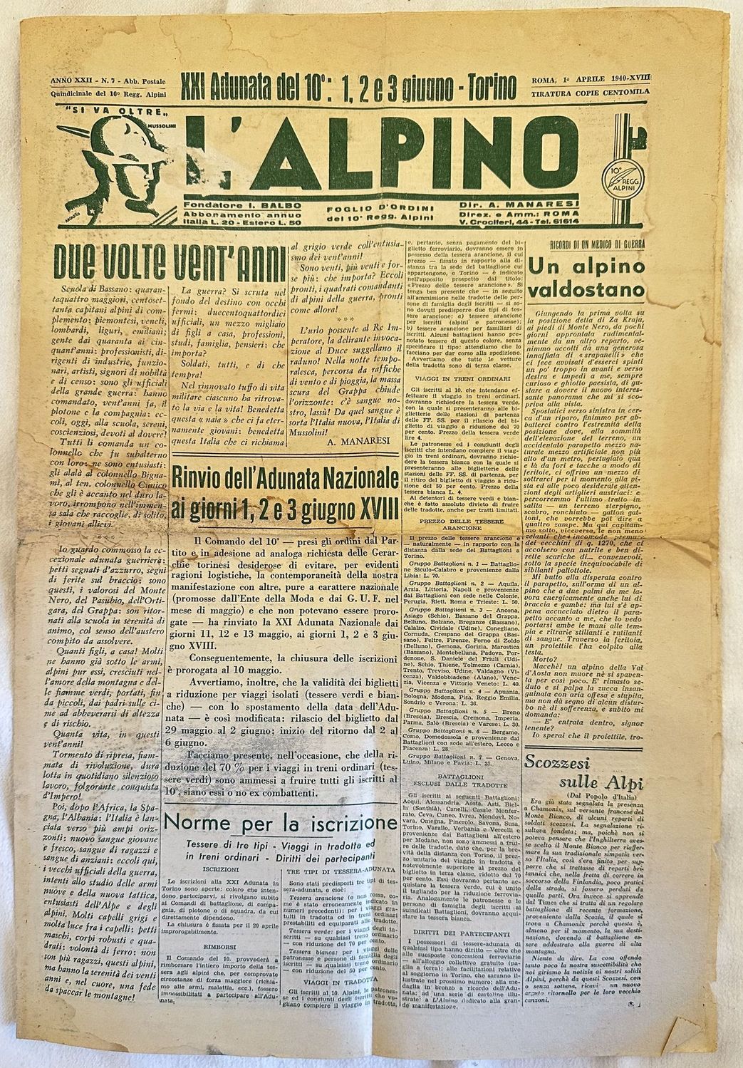 L'ALPINO N. 7 ROMA 1 APRILE 1940