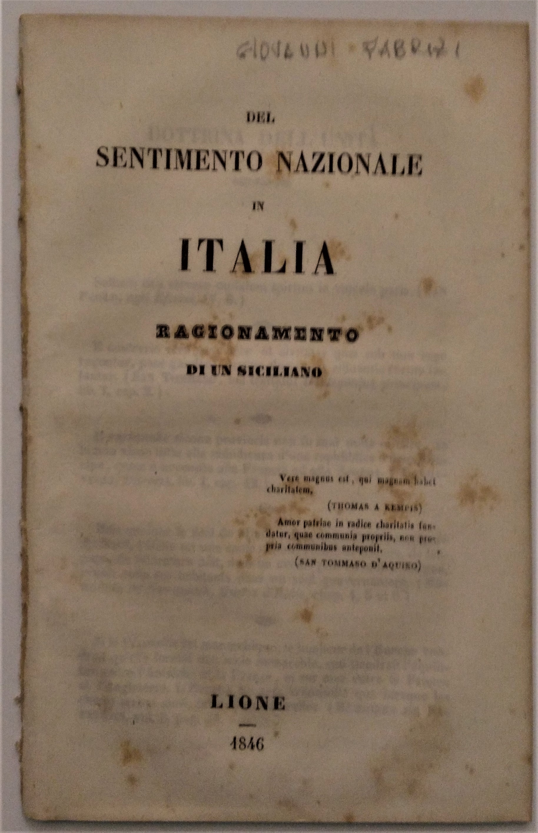 Del sentimento nazionale in Italia. Ragionamento di un siciliano.