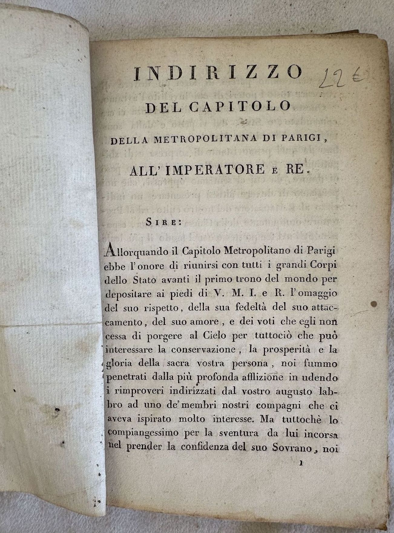 INDIRIZZO DEL CAPITOLO DELLA METROPOLITANA DI PARIGI ALL'IMPERATORE E RE