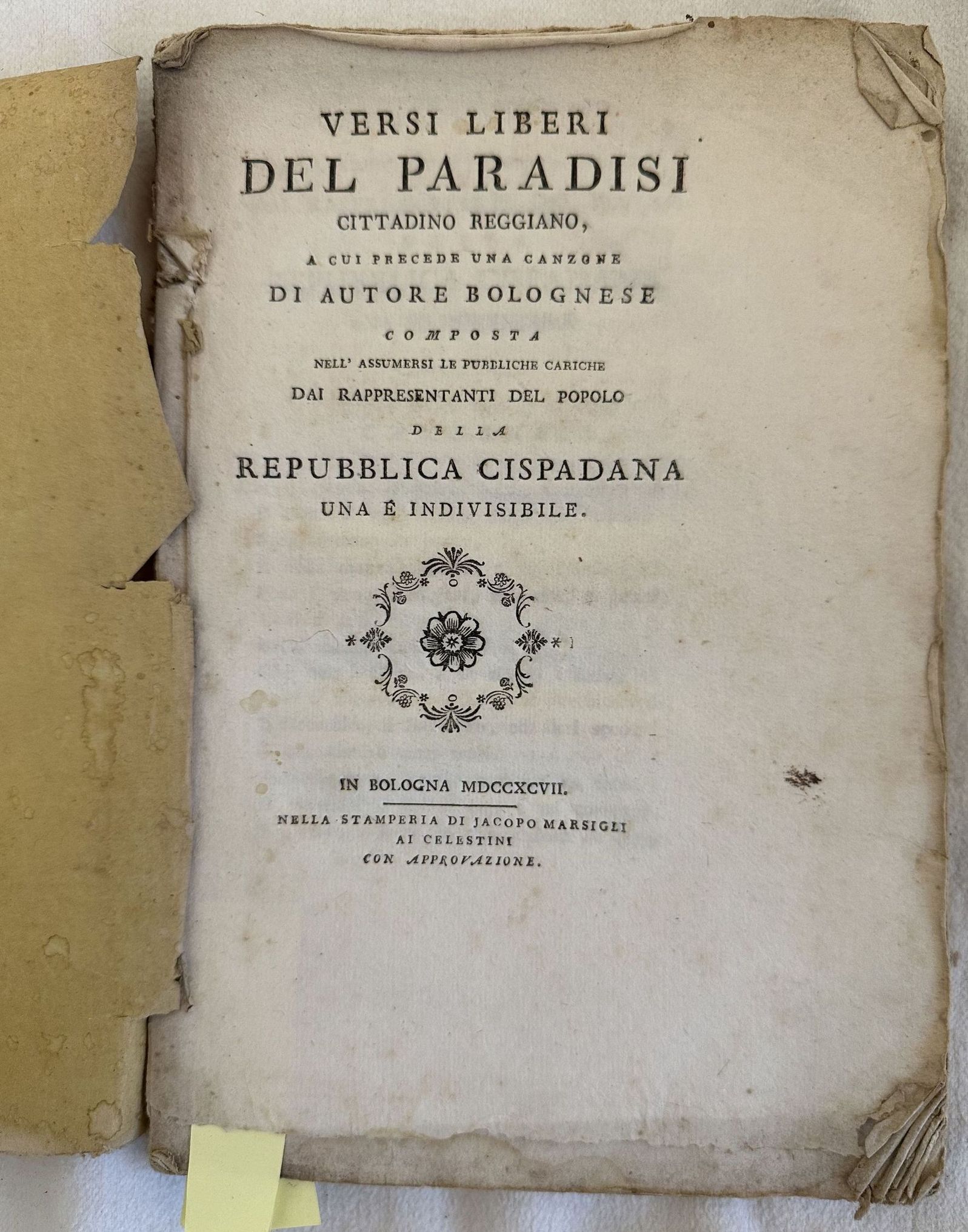 VERSI LIBERI DEL PARADISI CITTADINO REGGIANO A CUI PRECEDE UNA …