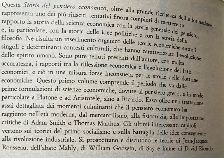 STORIA DEL PENSIERO ECONOMICO. VOLUME PRIMO: DA PLATONE A RICARDO; …