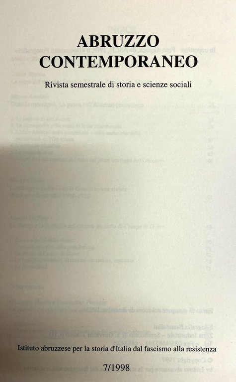 ABRUZZO CONTEMPORANEO N. 7/1998. RIVISTA SEMESTRALE DI STORIA E SCIENZE …