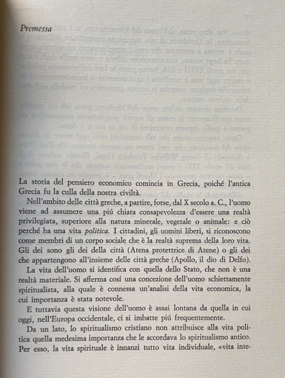 STORIA DEL PENSIERO ECONOMICO. VOLUME PRIMO: DA PLATONE A RICARDO; …