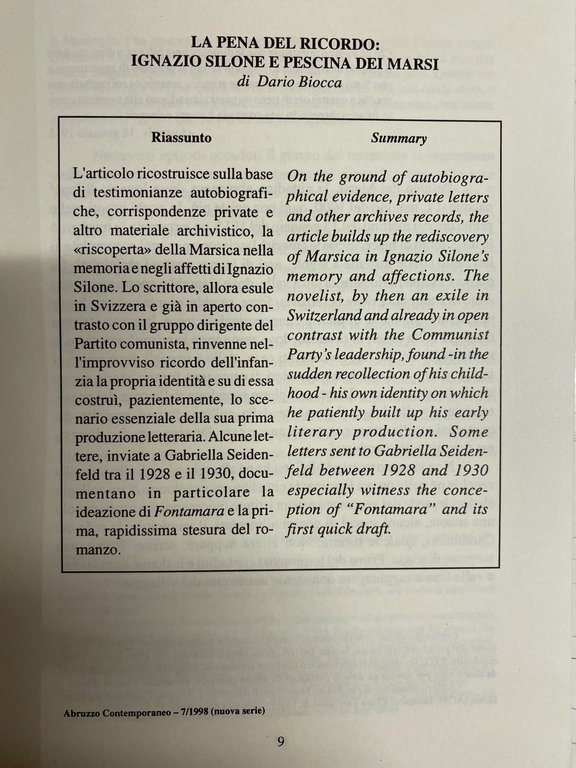 ABRUZZO CONTEMPORANEO N. 7/1998. RIVISTA SEMESTRALE DI STORIA E SCIENZE …