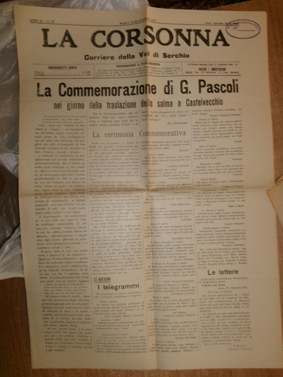 GIOVANNI PASCOLI. Cimeli Pascoliani...