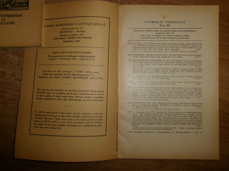 CATHOLIC THEOLOGY 3 cataloghi. LUDWIG ROSENTHAL'S ANTIQUARIAAT (1955)