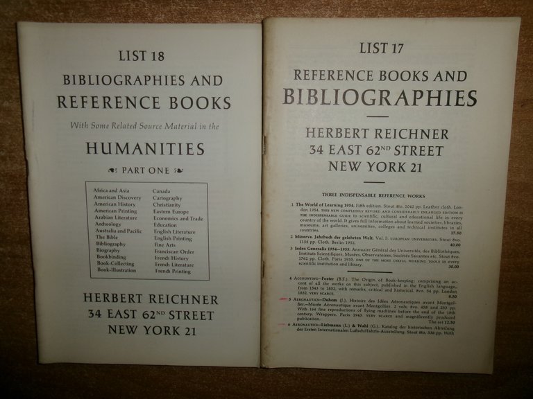 (2 cataloghi) Reference Books and BIBLIOGRAPHIES. HERBERT REICHNER c. 1952