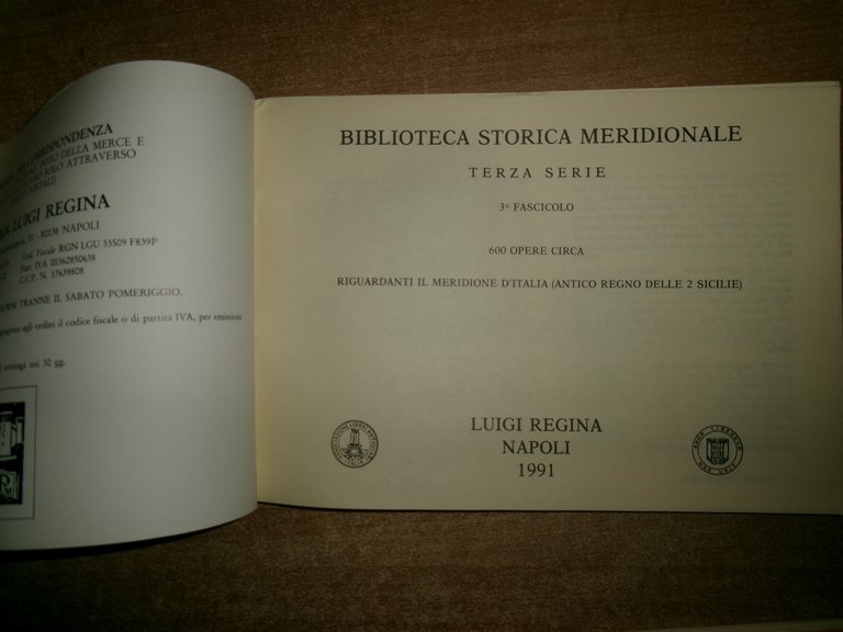 6 cataloghi BIBLIOTECA STORICA MERIDIONALE. Raccolta di opere rare..Luigi Regina