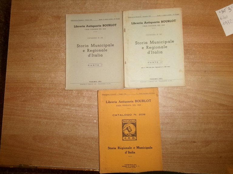 3 cataloghi. Storia Municipale d' Italia. Parte I-II... n° 266/267/208 …