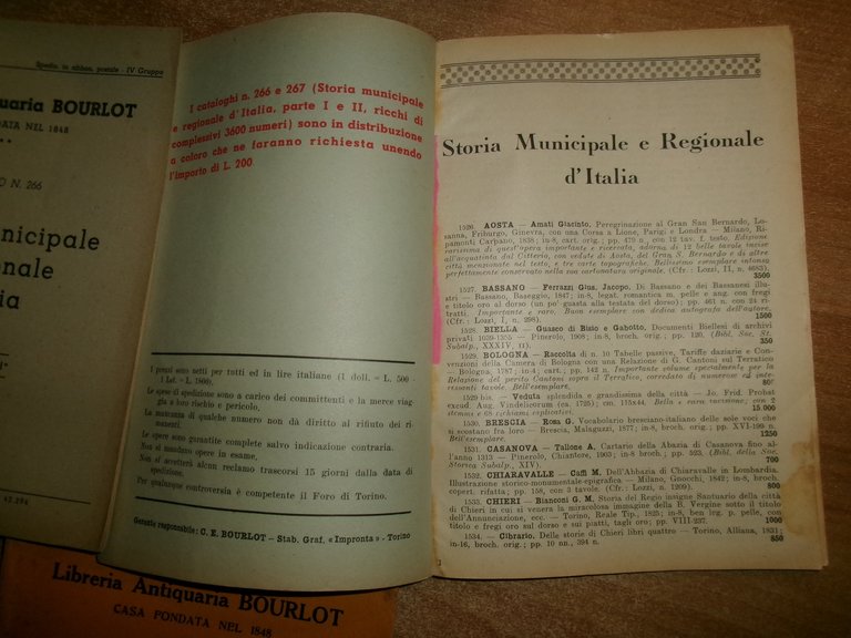 3 cataloghi. Storia Municipale d' Italia. Parte I-II... n° 266/267/208 …
