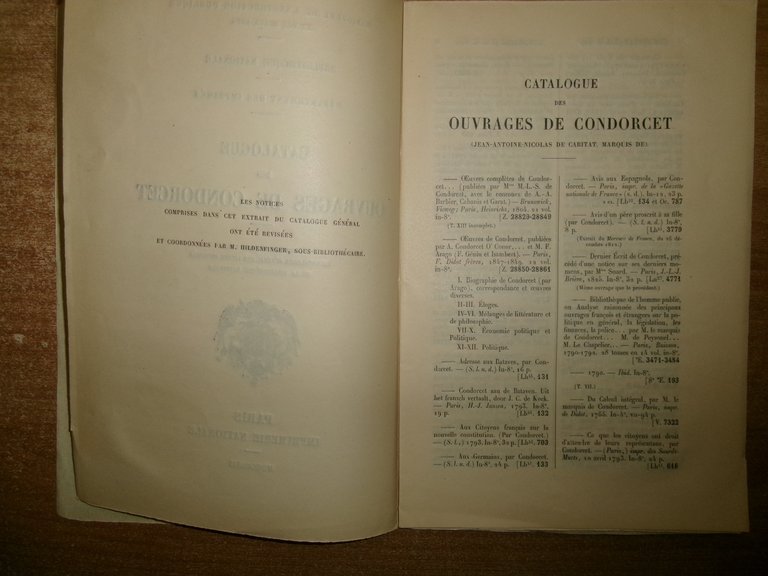 Catalogue des OUVRAGES DE CONDORCET. Imprimerie Nationale, MDCCCCVII.