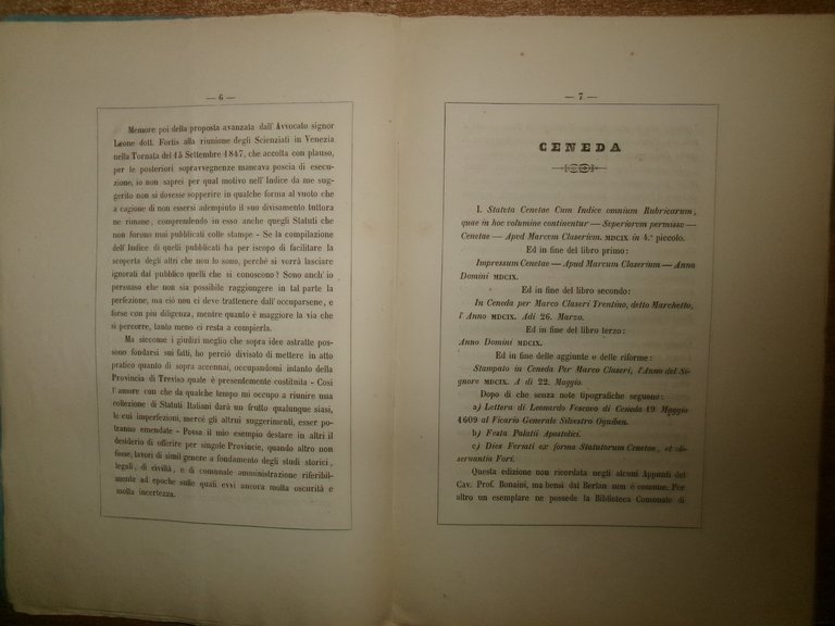 BIBLIOGRAFIA degli Statuti della Provincia di Treviso. DOTT.FRANCESCO FERRO 1858