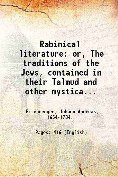Rabinical literature: or, The traditions of the Jews, contained in … | Immagine principale