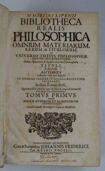 Bibliotheca realis philosophica omnium materiarum rerum & titulorum in Universo …