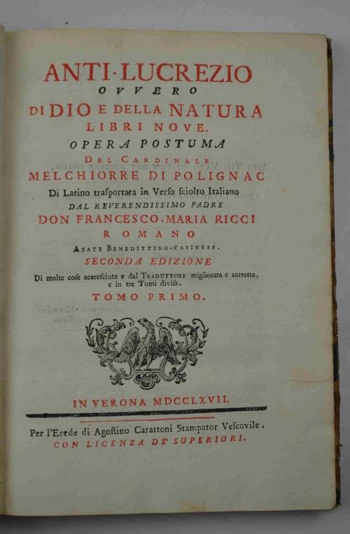 Anti-Lucrezio ovvero di Dio e della Natura Libri nove. Opera …