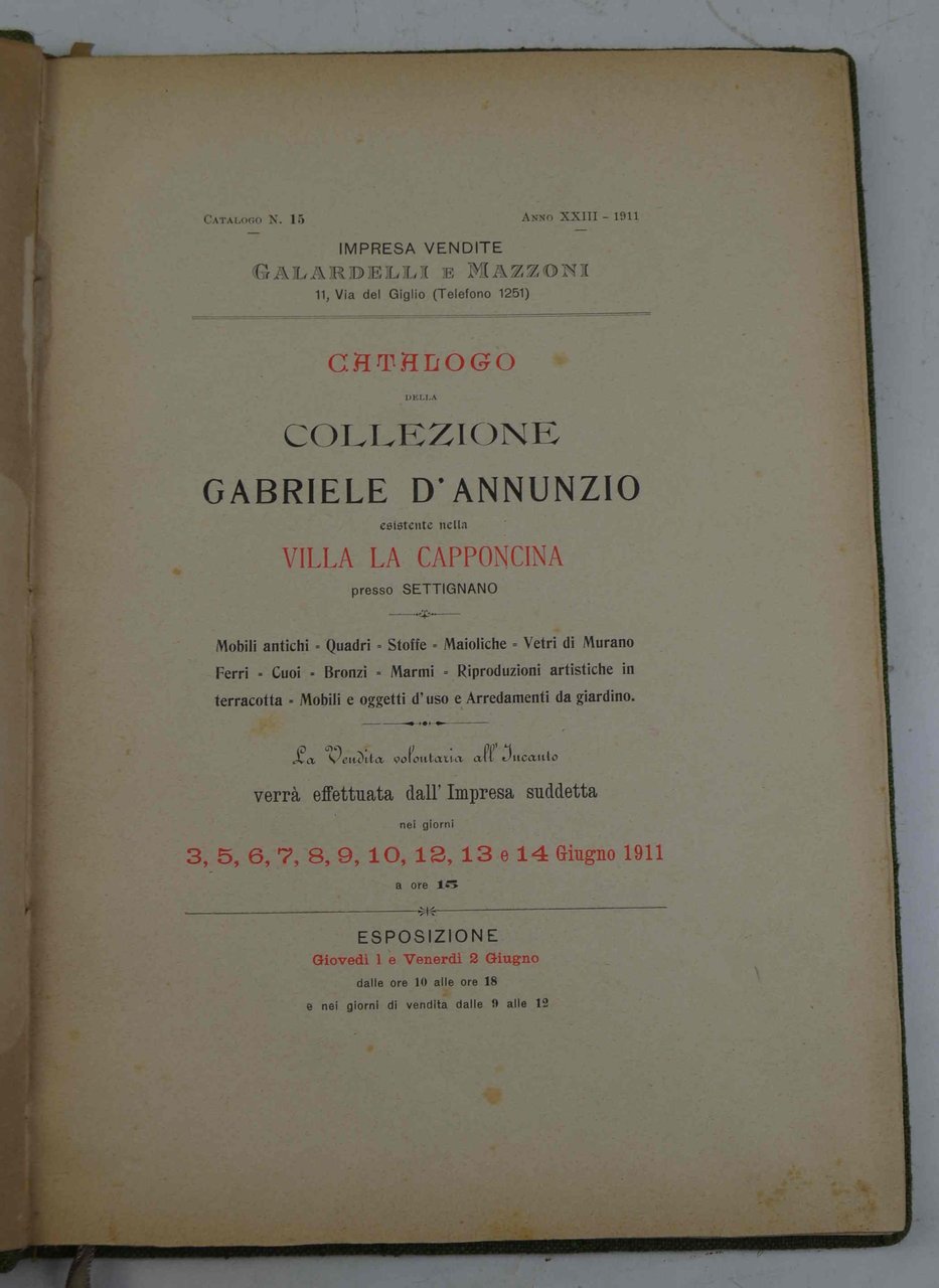 Catalogo della Collezione Gabriele D'Annunzio esistente nella Villa La Capponcina...