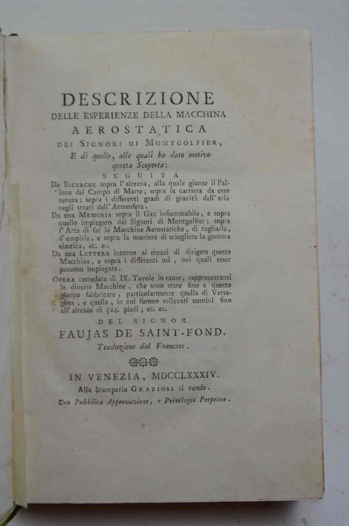 Descrizione delle esperienze della macchina aerostatica dei Signori di Montgolfier …