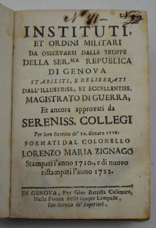 Instituti, et ordini militari da osservarsi dalle truppe della ser.ma …