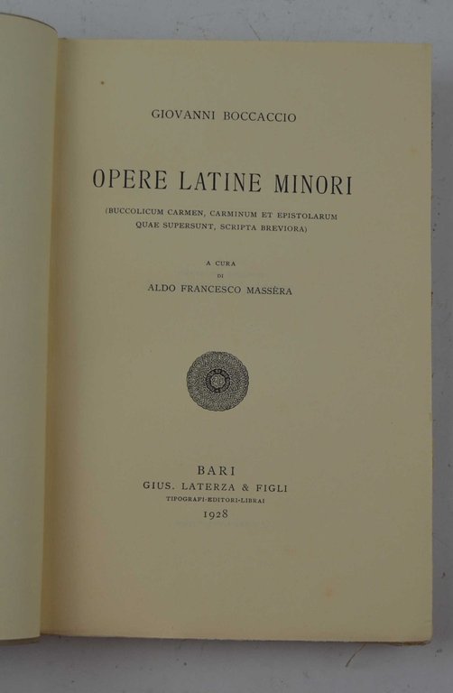 Opere latine minori… A cura di Aldo Francesco Massera.