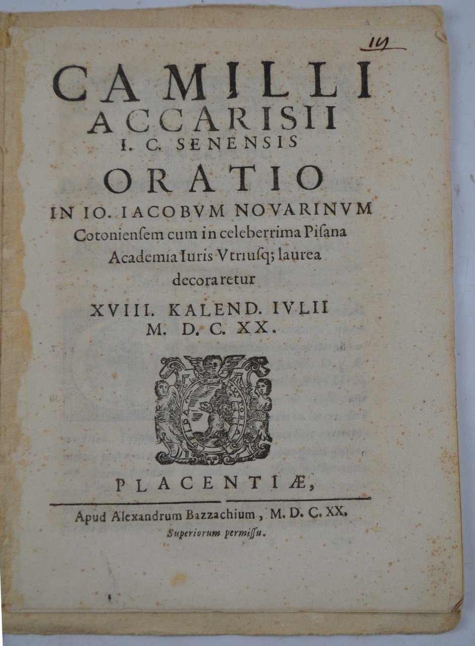 Oratio in Io. Iacobum Novarinum Cotoniensem cum in celeberrima Pisana …