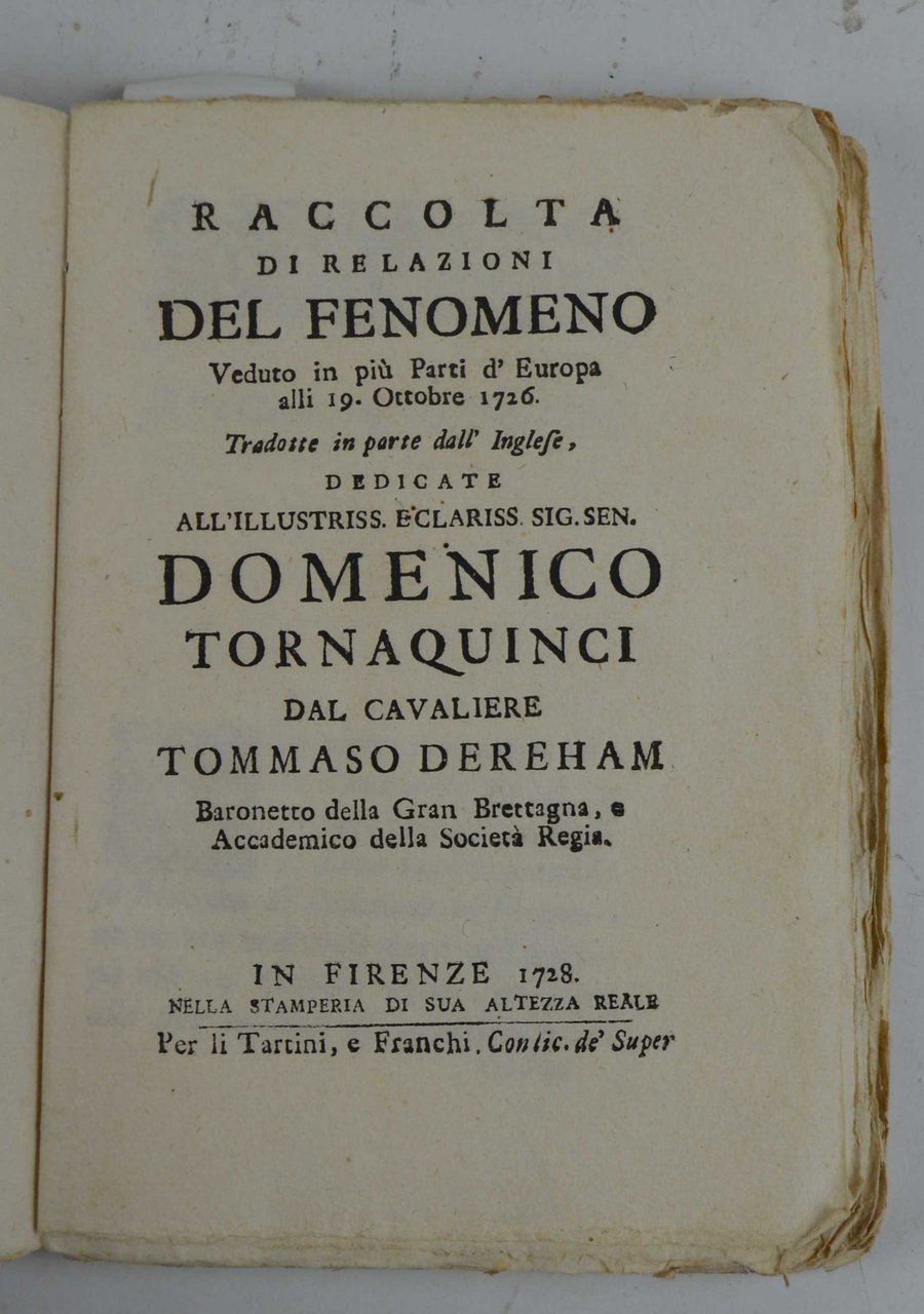 Raccolta di relazioni del fenomeno Veduto in più Parti d'Europa …