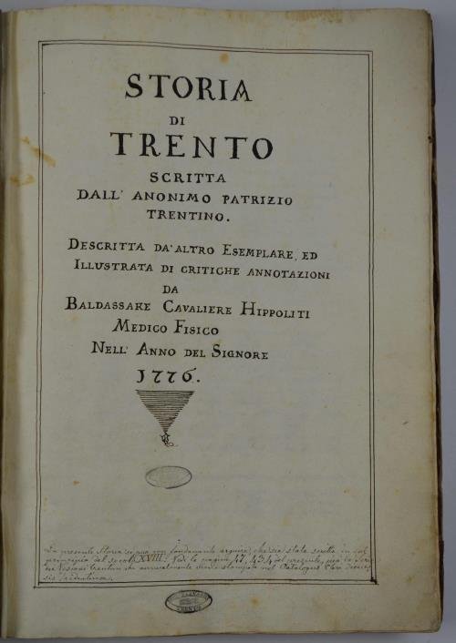 Storia di Trento scritta dall'Anonimo Patrizio Trentino. Descritta da un …