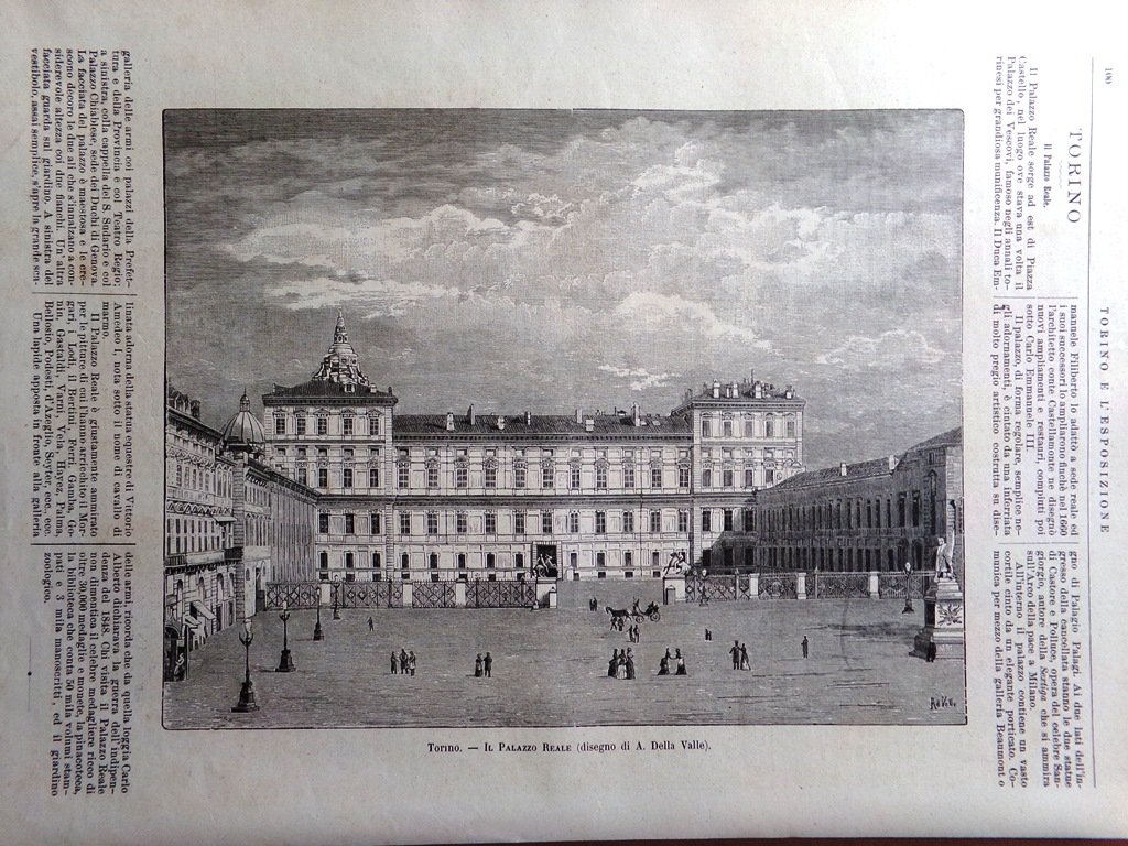 Stampa del 1884 Esposizione Torino Il Palazzo Reale Della Valle