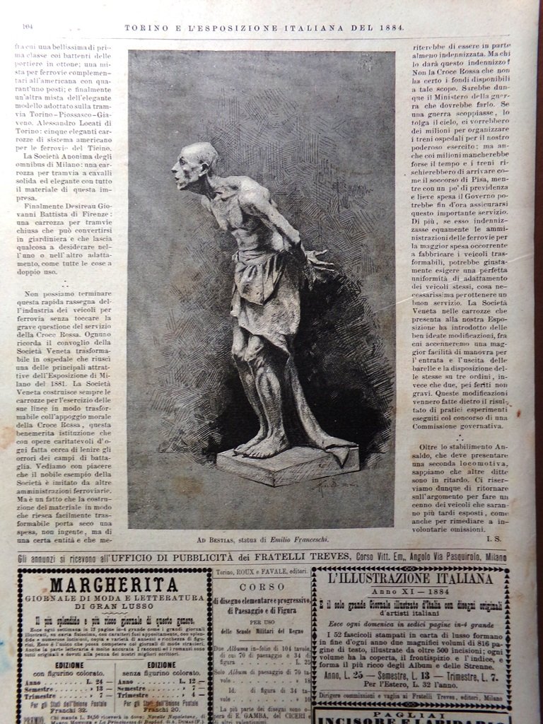 Stampa del 1884 Esposizione Torino Ad Bestias Statua di Emilio …