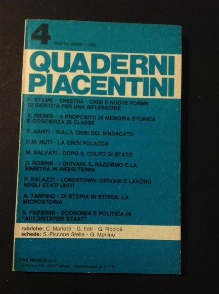 QUADERNI PIACENTINI N. 4, 1982