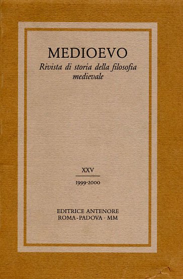 Medioevo. Rivista di storia della filosofia medievale. XXV (1999-2000). Dall'indice: Presentazione. Anja Inkeri Lehtinen, The Apopeciae of the Manuscripts of Hugh of St.Cher's Works. Anna Morelli, Il ruolo delle arti quadriviali nello Speculum Doctrinale di Vincenzo di Beauvais. Silvia Donati, La discussione sulle dimensioni indeterminate in un commento alla Metafisica della fine del XIII secolo. Hilary Siddons, The Tractatus de septem uitiis capitalibus by Henry of Rimini O.P. Fabrizio Amerini, Il trattato De suppositionibus terminorum di Francesco da Prato O.P. Un