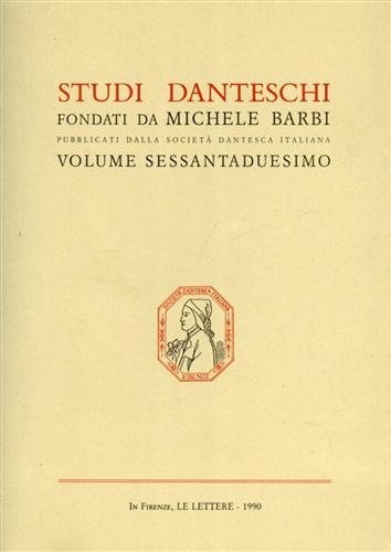 Studi Danteschi. Vol.LXII. Dall'indice: G.Nencioni, Struttura, parola (e poesia) nella "Commedia". Impressioni di una lettura postrema. G.Casagrande, "Per la dannosa colpa de la gola". Note sul contrappasso di "Inferno" VI. C.A.Mastrelli, Napoleone come Ulisse. A.vallone, Paradiso III. A.Cornish, Interpretazioni fiorentine della "concubina" di Titone antico. W.Hirdt, Goethe e Dante. C.Corradini, Note dantesche inedite dai "Diari" di John Ruskin. G.L.Pierotti, I grappoli del ricordo. F.Geymonat, Un nuovo testimone framment