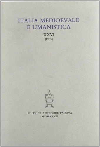 Italia Medioevale e Umanistica. Periodico annuale. XXVI (1983). Contiene: S. Gavinelli, Per un'enciclopedia carolingia (Codice Bernese 363); A. Paravicini Bagliani, La provenienza 'angioina' dei codici greci della biblioteca di Bonifacio VIII. Una revisione critica (tav. I-III); G. De Medici, Le fonti dell'Ottimo commento alla Divina Commedia; L. Caricato, Il «Commentarium» all'Inferno di Pietro Alighieri. Indagine sulle fonti; M. Tagliabue, Contributo alla biografia di Matteo Ronto traduttore di Dante; L. Labardi, Congetture del Niccoli e tradizione estrane
