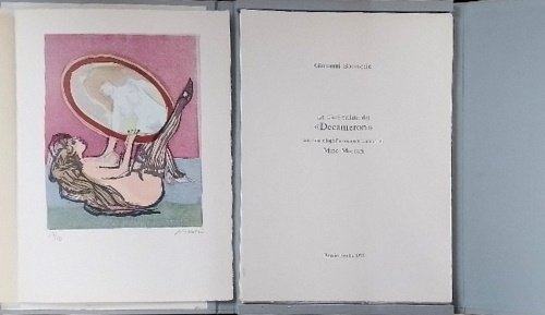 Le dieci ballate del Decameron. E' un'edizione del capolavoro di Giovanni Boccaccio curata da Mino Maccari. L'edizione è stata realizzata in occasione del sesto centenario della morte del poeta. Edizione stampata dalla tipolitografia Emiliana. Edizione in 70 copie numerate, nostro n.49. E' presente una xilografia di Maccari firmata e numerata dall'artista, tirata a mano su torchi a mano da Nemo Galleni. Il carattere tipografico usato è il Garaldus antico e impresso su carta a mano delle Cartiere Enrico Magnani di Pescia.