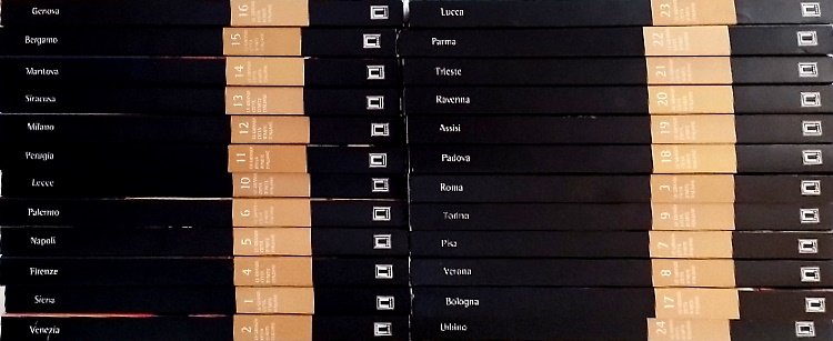 Le più grandi città d'arte italiane. Lotto di 24 volumi. 1) Siena. 2) Venezia. 3) Roma. 4) Firenze. 5) Napoli. 6) Palermo. 7) Pisa. 8) Verona. 9) Torino, 10) Lecce. 11) Perugia. 12) Milano. 13) Siracusa. 14) Mantova. 15) Bergamo. 16) Genova. 17) Bologna. 18) Padova. 19) Assisi. 20) Ravenna. 21) Trieste. 22) Parma. 23) Lucca. 24) Urbino.