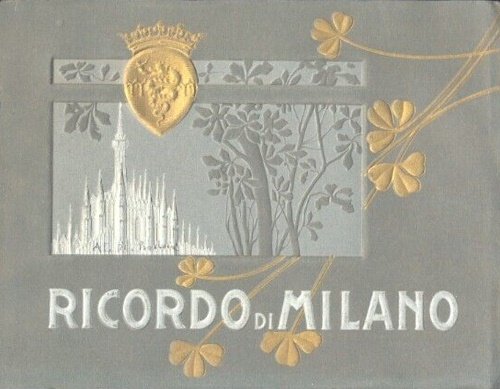 Ricordo di Milano. Album con 20 tavole a colori molto belle, Duomo esterno e interno, Arco della Galleria, Piazza Camposanto, Monumento Vittorio Emanuele, Piazza Duomo Via Mercanti, Loggia degli Osh, Stazione Centrale, Via Dante, Largo Cairoli, Monumento delle Cinque Giornate, Arco della Pace, Torre del Filarete, Anfiteatro dell' Arena, Colonne di S. Lorenzo, Chiesa di S.Maria delle Grazie, Basilica di S.Ambrogio, Piazza Cordusio.