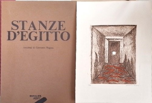 Stanze d'Egitto. Opere di Giovanni Ragusa. Cartella contenente 2 lastre realizzate dall'artista con le tecniche dell'Acquaforte e dell'Acquatinta, stampate da Annarosa Murari e Luciano Bertinato, su carta Rosaspina da 220 grammi della cartiera Fabriano. Nostro esemplare n. 13/50 autografato, al colophon e alle due incisioni dall'Artista.