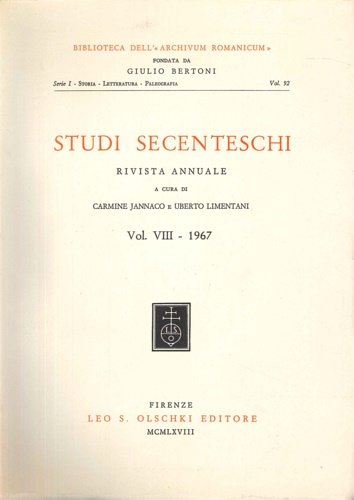 Studi Secenteschi Vol.VIII (1967). Rivista annuale fondata nel 1960 da Carmine Jannaco, Uberto Limentani. Diretta da Martino Capucci e Davide Conrieri. Indice: --Peter Brown. Aims and methods of the second "Rassettatura" of the Decameron. --Gustavo Costa. Gli autografi del Chiabrera presso la Biblioteca Vaticana. --Mariangela Donà. Affetti musicali nel Seicento. --Mario Borrelli. Ricerche sul Baronio: II. --Indice dei nomi e delle cose notevoli a cura di Clementina Rotondi.